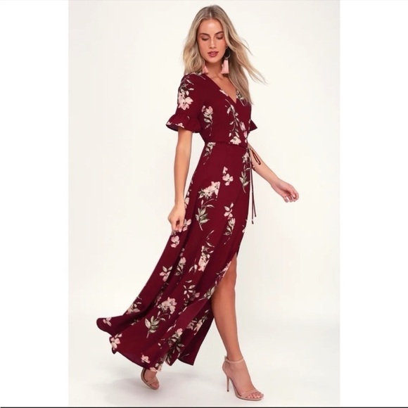 Lulus September Sunsets Burgundy Floral Print Wrap Maxi Dress - Picture 2 of 6